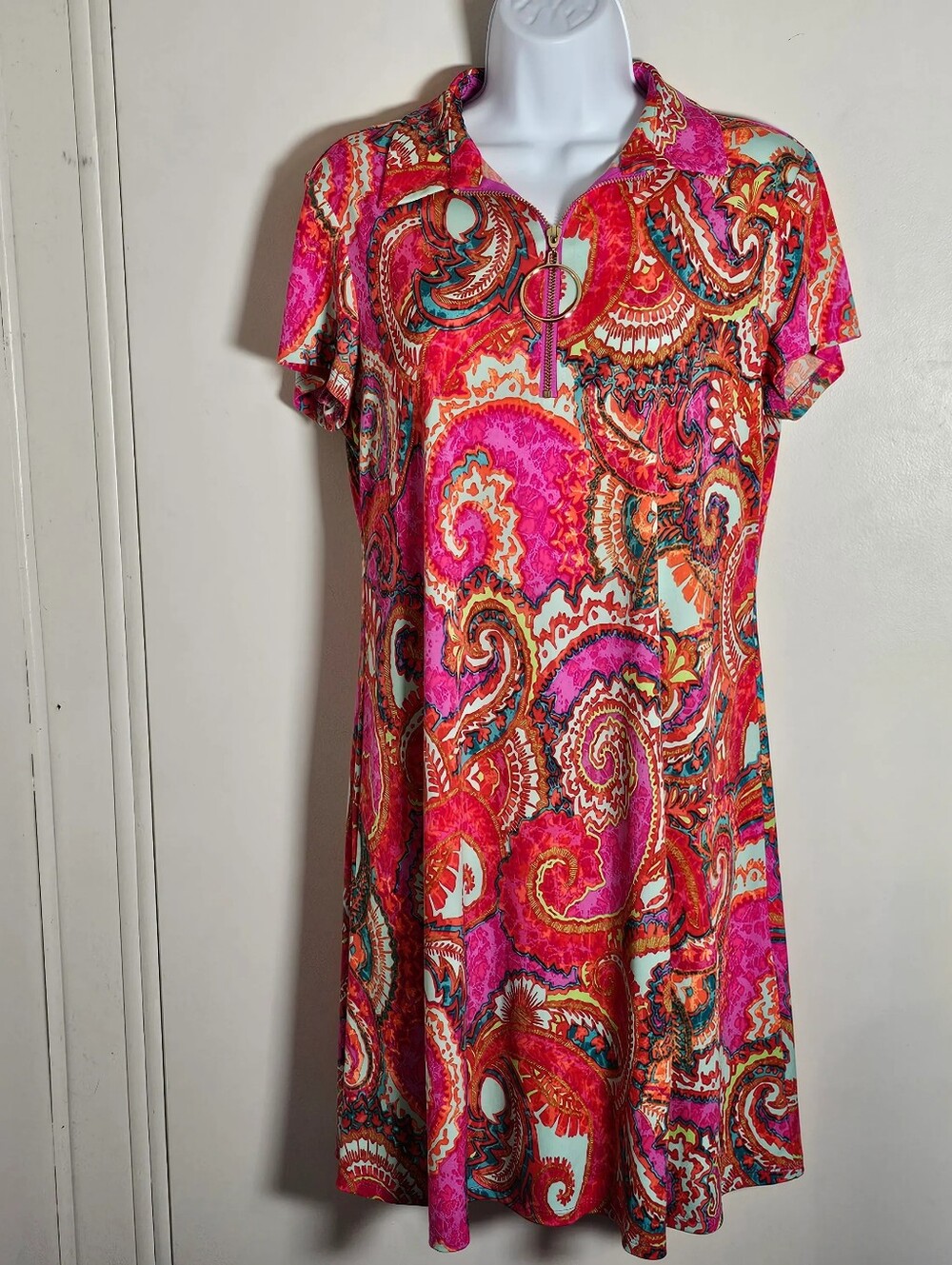 MSK Pink Paisley Quarter-Zip O-Ring A-Line Dress M